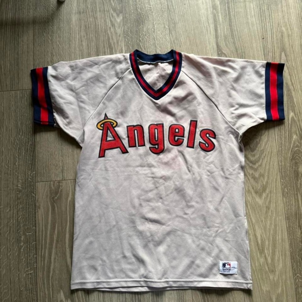 Sand-Knit California Angels MLB Baseball Jersey Mens Large Gray Vintage 80s